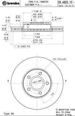 Диск тормозной 09.A905.10 09.A905.10 BREMBO