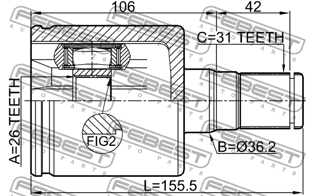 ШРУС ВНУТРЕННИЙ ЛЕВЫЙ 26X36.2X31 подходит для VOLVO S80 II 2007-2016 2711-S60IIL 2711-S60IILH FEBEST