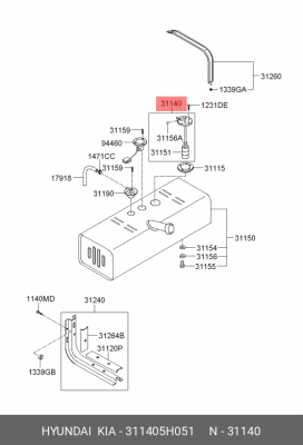 Трубка топливная HYUNDAI HD65,72,78 в баке OE 311405H051 HYUNDAI KIA