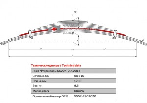 Лист рессоры УРАЛ-5557 передней №4 с накладкой L=1250мм ЧМЗ 55572902030 OMK AUTO