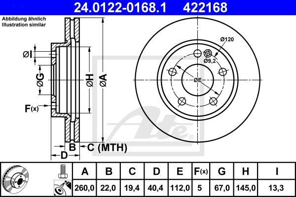 24.0122-0168.1 диск тормозной передний!\ MB W168 1.6i/1.7CDi 97> 24.0122-0168.1 ATE