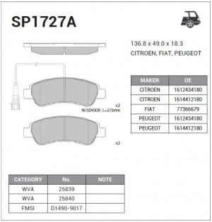 Колодки тормозные дисковые  SP1727A SP1727A SANGSIN