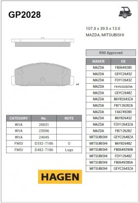 колодки дисковые задние! HAGEN\ Mazda 323 1.4-2.0TD 98-03/6 1.8-2.0D 02> GP2028 HAGEN