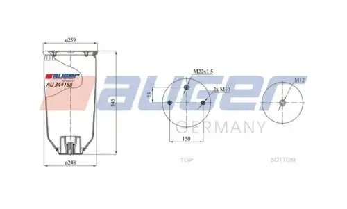 пневмоподушка без стак.! 2 отв.шп.M10. 1отв-шт.M22 Н 1xM22\ Schmitz,Weweler AU344158 AUGER