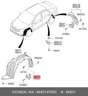 Брызговик KIA Rio (11-) передний левый OE 868314Y000 HYUNDAI KIA