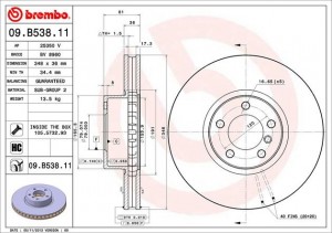 Диск тормозной BMW 7 (E65) передний (1шт.) BREMBO 09.B538.11 BREMBO