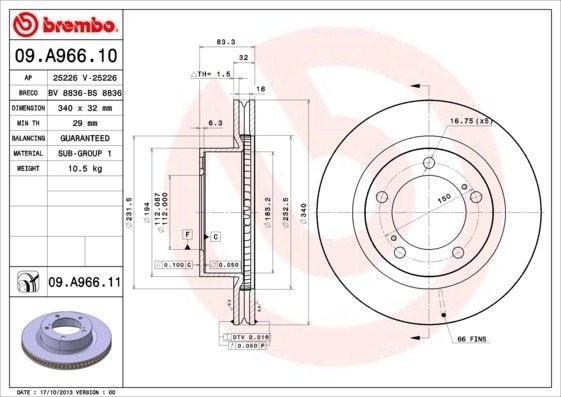 Диск тормозной передний TOYOTA LAND CRUISER 200 09.A966.11 09A96611 BREMBO