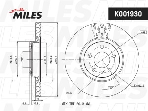 Диск тормозной ALFA ROMEO 147 01-/156 97-06/FIAT DOBLO 10- передний  K001930 K001930 MILES
