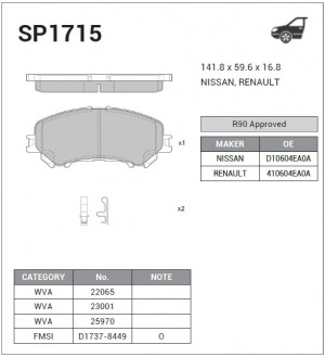 Колодки тормозные передние Nissan Qashqai 1.6/2.0/1.5dCi/1.6dCi 13 SP1715 SP1715 SANGSIN
