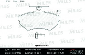 Колодки тормозные передние (Смесь CERAMIC серия PRO) AUDI A4 1.6/1.8/1.9D 9500/V E500097 MILES