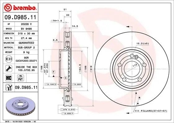 Диск тормозной 09.D985.11 09.D985.11 BREMBO