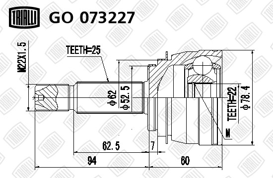 ШРУС Hyundai Solaris (10-)/Kia Rio (11-) 1.4i/1.6i (без кольца ABS) (наруж.) (GO GO 073227 TRIALLI