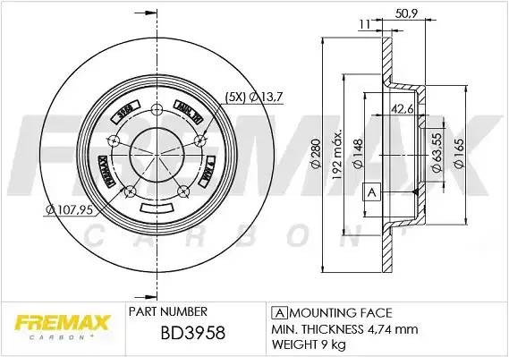 диск тормозной задний!\ Ford C-Max II 10>/ Kuga II/III 13>/ Tourneo Connect II 1 BD3958 FREMAX