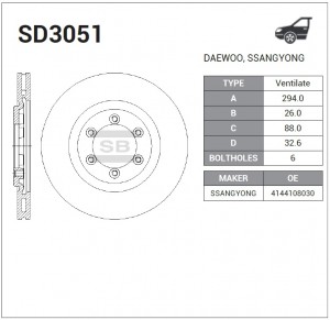 Диск тормозной SSANGYONG Rexton (02-) передний (вентилируемый) (1шт.) SANGSIN SD3051 SANGSIN