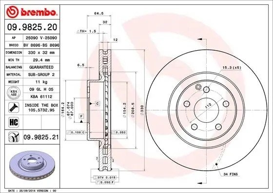 Диск тормозной 09.9825.21 09.9825.21 BREMBO
