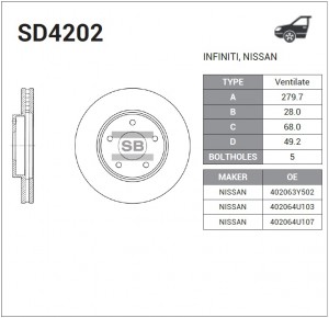 Диск тормозной NISSAN Maxima,Primera,X-Trail передний (1шт.) SANGSIN SD4202 SANGSIN