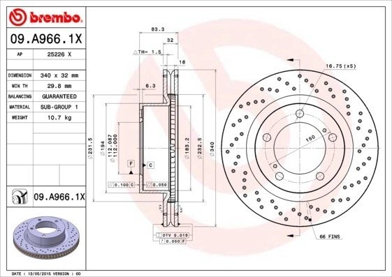 Диск тормозной передний перфорированный TOYOTA LAND CRUISER 200 09.A966.1X 09A9661X BREMBO