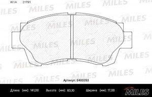 Колодки тормозные передние (без датчика) (Смесь Low-Metallic) TOYOTA CAMRY 91-96 E400353 MILES