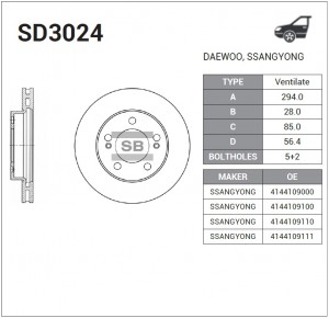 Диск тормозной SSANGYONG ACTYON 06-/KYRON 05-/REXTON 02- передний вент.D 294мм.  SD3024 SANGSIN