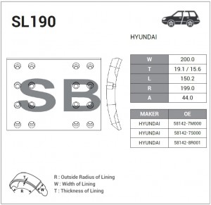 Накладка тормозной колодки HYUNDAI Universe (10-) передней/задней (F2/R2) (шир.2 SL190 SANGSIN