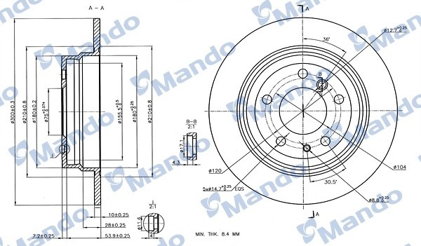Диск тормозной BMW 5 (E34) задний (1шт.) MANDO MBC035361 MANDO