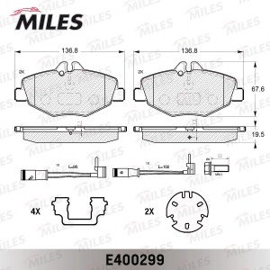 Колодки тормозные передние (с датчиком + болты) (Смесь Low-Metallic) (MB W211 02 E400299 MILES