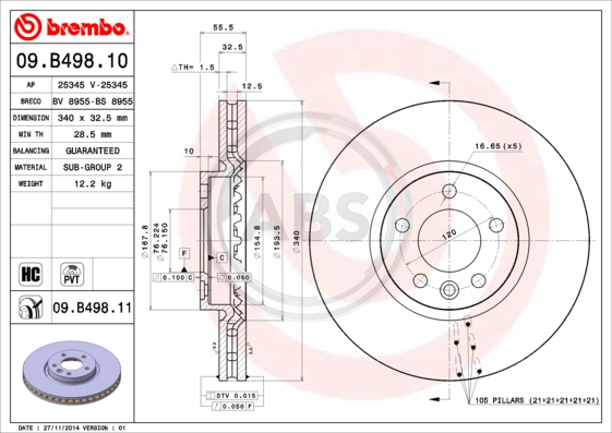 Диск тормозной VW T5 (03-) передний (1шт.) BREMBO 09.B498.11 BREMBO