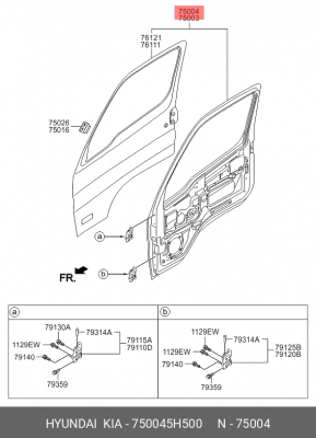 Дверь HYUNDAI HD65,72,78 передняя правая (с отверстием под зеркало) OE 750045H500 HYUNDAI KIA
