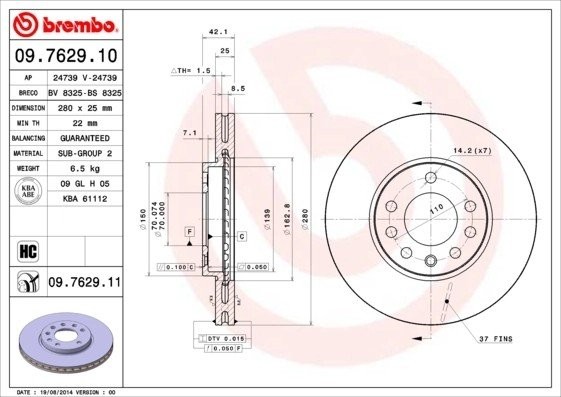 BREMBO 09.7629.11 Диск торм. пер.вент.(280x25) 5 отв. 1631744 09.7629.11 BREMBO