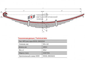 Лист рессоры МАЗ-6501 передней №2 L=1950мм ЧМЗ 65012902102 OMK AUTO