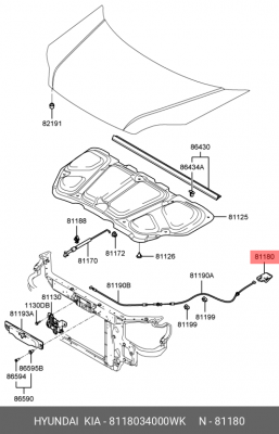 Ручка HYUNDAI Getz (02-) KIA Rio (11-) открывания капота OE 8118034000WK HYUNDAI KIA