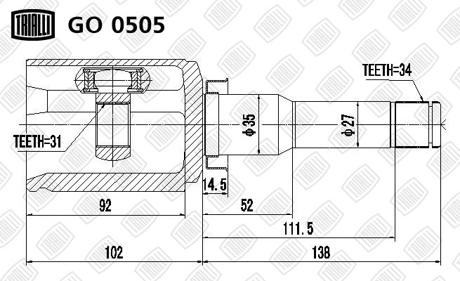 ШРУС Chevrolet Cruze (09-) 1.8i MT (внутр. лев.) (GO 0505) GO 0505 TRIALLI