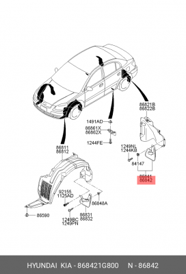 Брызговик KIA Rio (09-) задний правый (хетчбек) OE 868421G800 HYUNDAI KIA