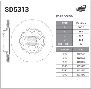 Диск тормозной FORD FOCUS II/III 04-/VOLVO S40/V50 04-передний вент.D 300мм. SD5 SD5313 SANGSIN