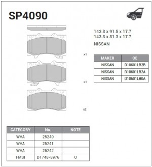 Колодки тормозные NISSAN Patrol (Y62) (10-) передние (4шт.) SANGSIN SP4090 SANGSIN