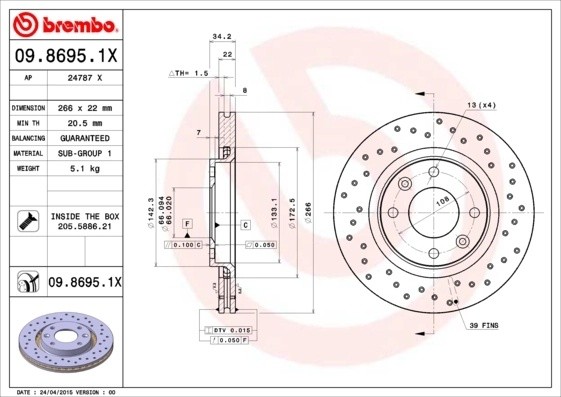 Диск перфорированный Brembo Xtra 09.8695.1X 0986951X BREMBO