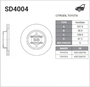 Диск тормозной TOYOTA Land Cruiser (02-10) LEXUS GX470 (02-09) передний (1шт.) S SD4004 SANGSIN