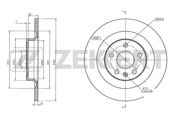 Диск тормозной задний Volvo XC60 II 17- S60 III 19- S90 II 16- V90 II 16- BS-659 BS6596 ZEKKERT