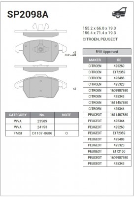 Колодки тормозные PEUGEOT 307,308 CITROEN C4 передние (4шт.) SANGSIN SP2098A SANGSIN