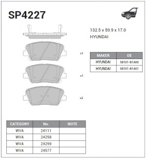 Колодки передние HYUNDAI GENESIS G80 (2WD) 2016- SP4227 SP4227 SANGSIN