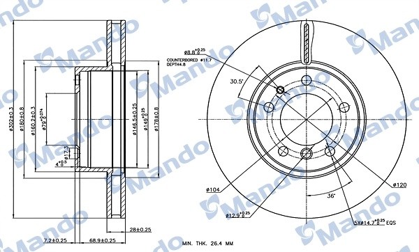 Диск тормозной BMW 5 (E34),7 (E32) передний (1шт.) MANDO MBC035359 MANDO