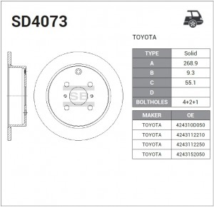 Диск тормозной TOYOTA COROLLA 1.4-2.0 02-/YARIS 1.0-1.5 99- задний SD4073 SD4073 SANGSIN