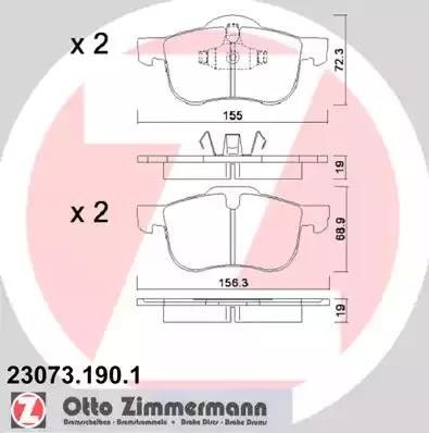 колодки дисковые !перед. 155x72x19 \ Volvo S80 98>/V70/S60 00>/C70 00-02/XC70 2. 23073.190.1 ZIMMERMANN
