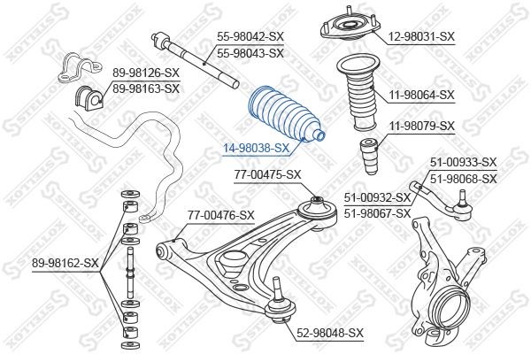 пыльник рейки рулевой!\ Opel Astra G/Astra H/Meriva B/Zafira 98> 14-98038-SX STELLOX