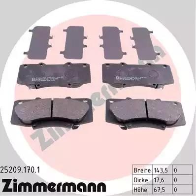 колодки дисковые !перед. 144x68x17 \ Toyota Land Cruiser J12 4.0i/3.0D 03>, Lexu 25209.170.1 ZIMMERMANN