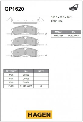 колодки тор. диск. перед.! с антиск. пл.\ Ford Explorer 2.0/2.3/3.5 10> GP1620 HAGEN