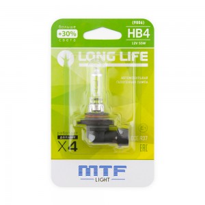 Лампа 12V HB4 55W P22d +30% блистер (1шт.) Long Life MTF HLL12B4B MTF