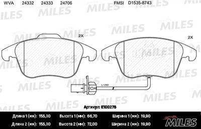 Колодки тормозные передние с датчиком (Смесь Semi-Metallic) AUDI A4/A4 ALLROAD/A E100276 MILES
