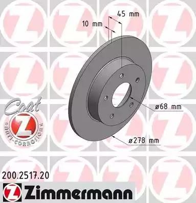 диск тормозной !задн. 278x10/45-5x114 \NISSAN ALMERA TINO 1.8 00>06, 02>06, 2.0  200.2517.20 ZIMMERMANN