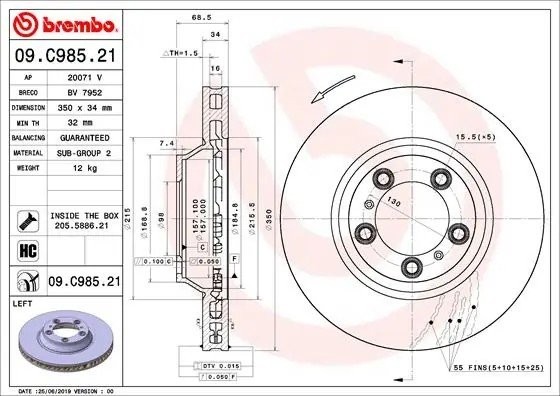 Диск тормозной 09.C985.21 левый 09C98521 BREMBO
